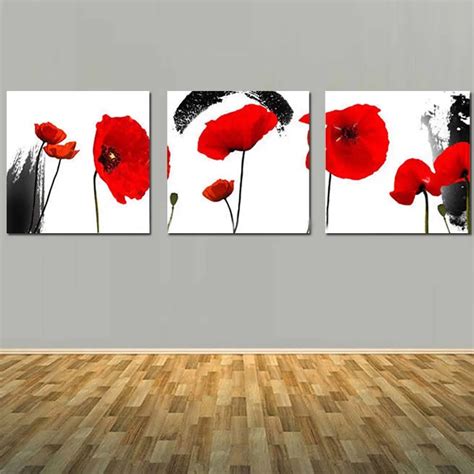 Handmade Modern Abstract Three Panels Red Flower Canvas Art Oil Painting Red Flower Wall Decor ...