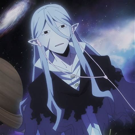 an anime character with long blue hair standing in front of a planet ...