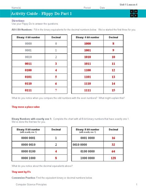 Activity Guide - Flippy Do PT 1 - Unit 1 Lesson 4 | PDF | Bit | Decimal