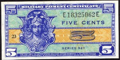 Value of Series 521 5 Cent Military Payment Certificate | Antique Money