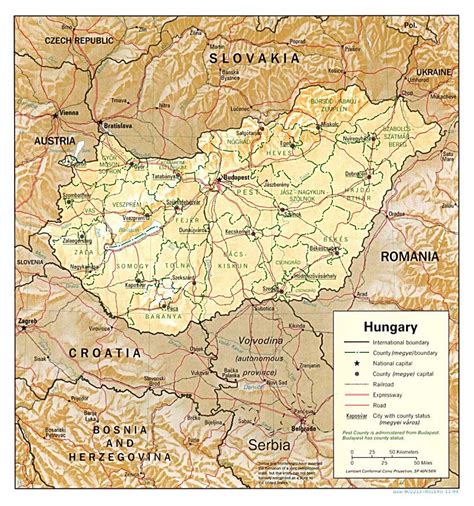 Large political and administrative map of Hungary with relief, roads ...