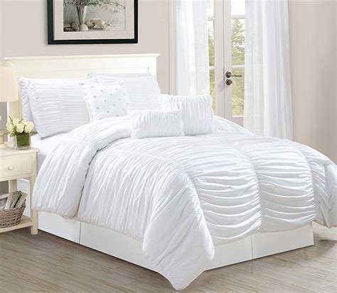 7-Piece Royal White Bed-in-a-Bag with Luxury Pleated Comforter Sets ...