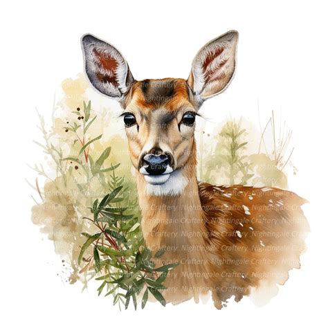 Fawn, Doe in Forest Clipart, Printable Watercolor Clipart, 10 High Quality Jpgs, Digital ...