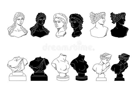 Ancient Greek Bust Statues of Goddess and Nymphs, Vector Black White Line and Solid Silhouettes ...