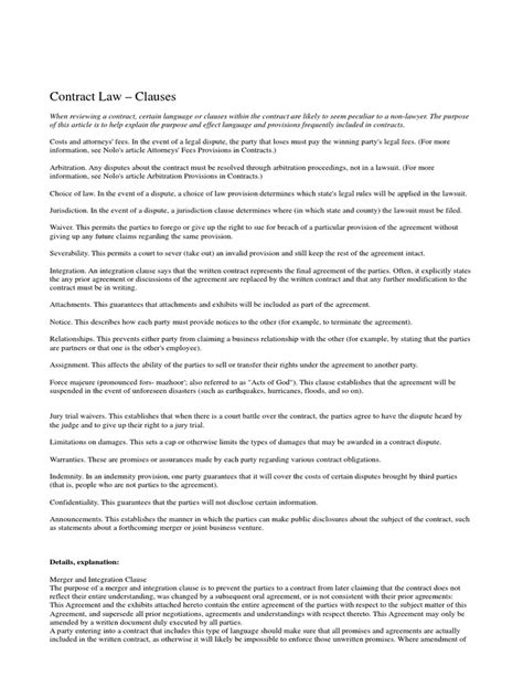 Contract Law - Clauses: Details, Explanation | PDF | Indemnity ...