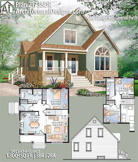 Plan 21735DR: Cozy Cottage with Covered Porch | Architectural design house plans, Cottage house ...