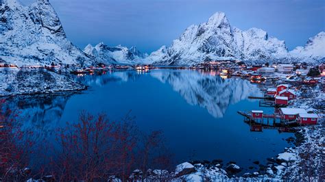 europe, red houses, landscape, 4K, twilight, photography, reinefjord ...