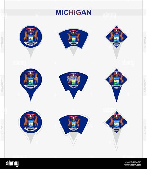 Michigan flag, set of location pin icons of Michigan flag. Vector illustration of national ...