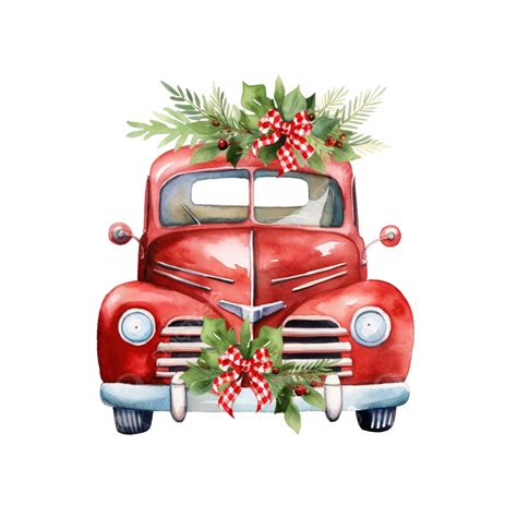 Cute Christmas Watercolor Retro Car Isolated Illustration Ai Generative, Winter, Car, Holiday ...