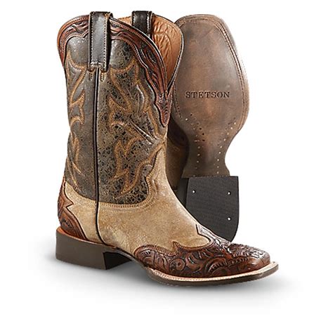 Men's Stetson® Hand - tooled Leather Western Boots, Brown - 233572, Cowboy & Western Boots at ...