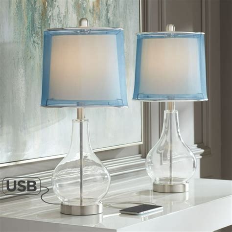 360 Lighting Modern Accent Table Lamps Set of 2 with USB Charging Port Clear Glass Blue Drum ...