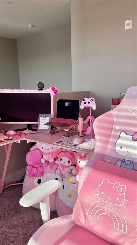 Pink girly gamer room office | Gamer room, Hello kitty bedroom, Room ...