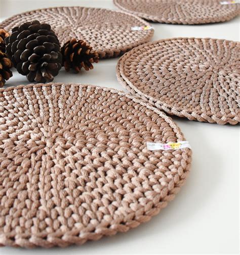 Crochet round platemat brown knitted placemat table runner worktop ...