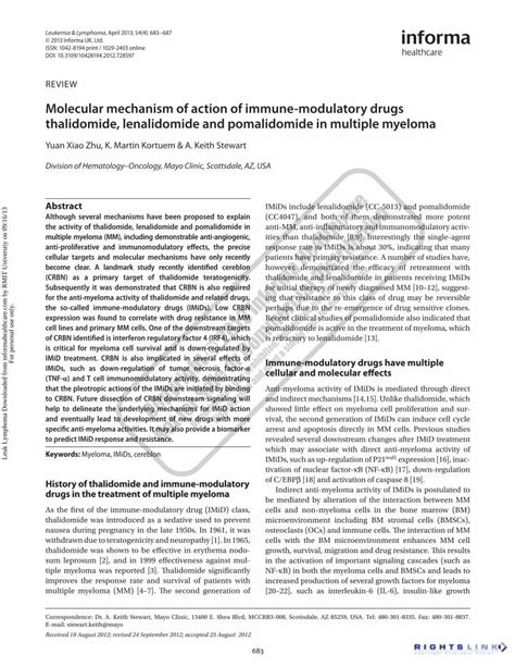 (PDF) Molecular mechanism of action of immune-modulatory drugs thalidomide, lenalidomide and ...