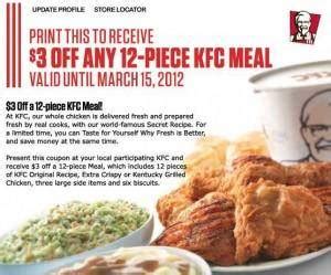 Kentucky Fried Chicken Coupons | Save $3 off 12 Piece KFC Meal ...