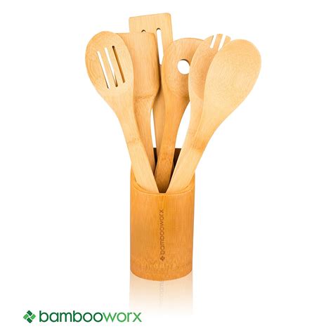 BambooWorx Bamboo Cooking Utensils Set- 6 Pieces + Holder, Wooden Spoons & Spatulas, Kitchen ...