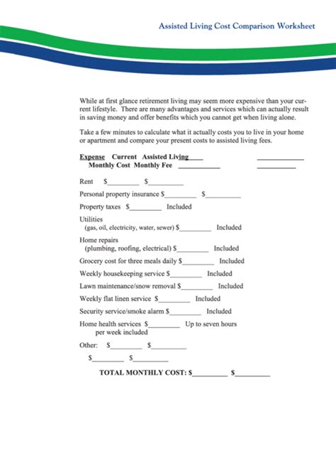 Assisted Living Cost Comparison Worksheet printable pdf download