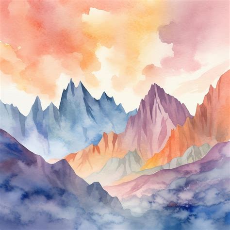 Premium Photo | A watercolor painting of mountains with a blue sky and clouds.