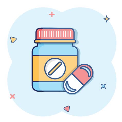 Pill bottle icon in comic style. Medical capsules cartoon vector illustration on white isolated ...