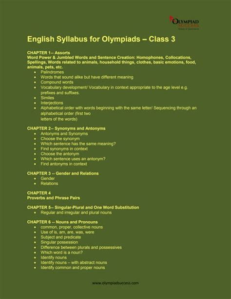 English Syllabus for Olympiads - Class 3 | PDF