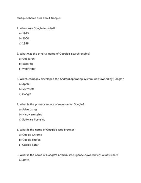 Google-answerkey - Quiz - multiple-choice quiz about Google: When was Google founded? a) 1995 b ...