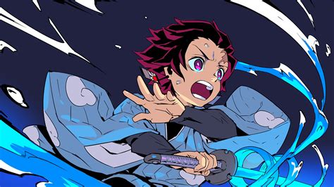 Demon Slayer Tanjirou Kamado With Purple Eyes Having Weapon With Black Background 4K 5K HD Anime ...