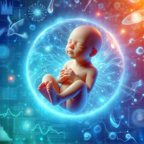 Origins of Life 3D Visualization of Baby within the Ovum Surrounded by Swirling Spermatozoa ...