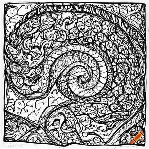 Detailed line drawing of close up of a carved dragon's scales