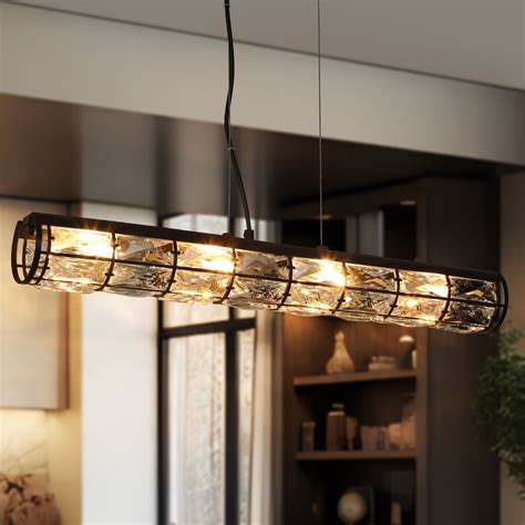 LNC Modern 4-Light Black Linear Chandelier with Crystal Shade | The ...