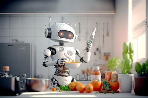 Premium Photo | Cute robot cooking vegetables food in kitchen