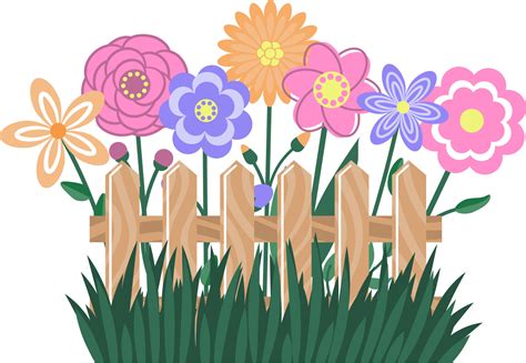 Spring cute flowers, fence and grass. Cartoon style. Isolated on white. Vector illustration ...