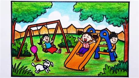 Park Drawing Easy || How To Draw Children Playing In The Park || Childrens' Playground Drawing ...