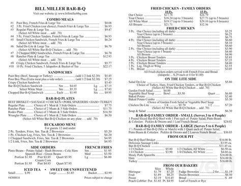 Bill Miller Bar-B-Q menu in Austin, Texas, USA