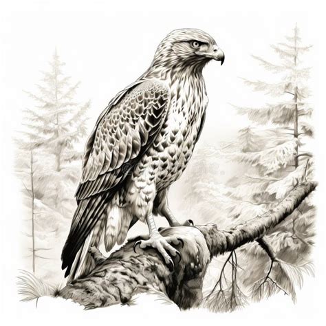 Realistic Black and White Drawing of a Perched Hawk Stock Illustration ...