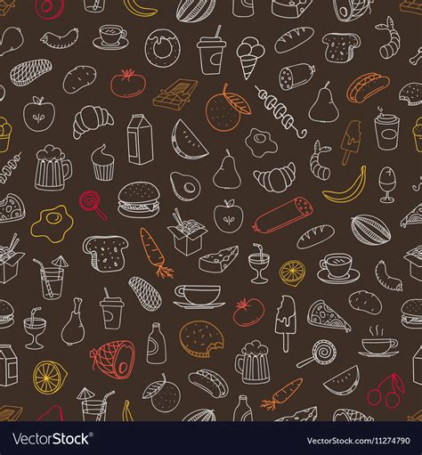 Different color food doodles seamless background Vector Image