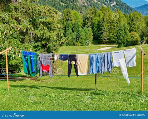 Laundry Hanging on Clothesline Outdoor in the Green Nature Stock Image ...