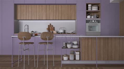 Modern Liliac Colored and Wooden Kitchen, Island with Stools, Parquet. Oven, Stove, Sink and ...