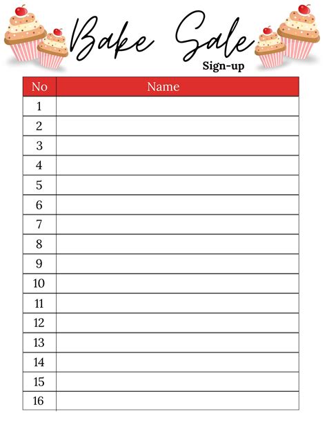 Bake Sale Sign up Sheet Bake Sale Sheet Printable Bake Sale Sign up ...