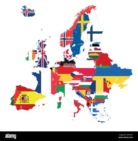 Europe map with countries flags inside. All elements separated in ...