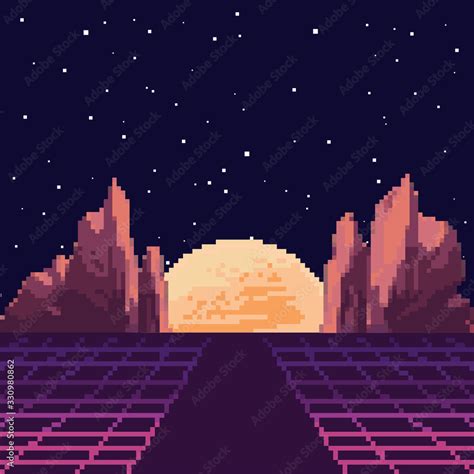 Fototapeta Vector pixel art of 80s Retro sci-Fi background. Synthwave ...