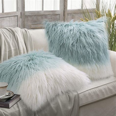 Phantoscope Merino Style Faux Fur Series Decorative Throw Pillow, 18" x 18", Blue/White, 2 Pack ...