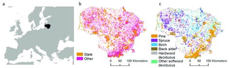 Location of the study area and forests in Lithuania: (a) Location of ...