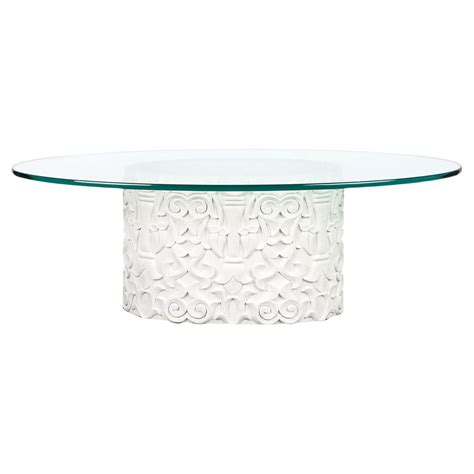 Hand-Carved Oval Marble Coffee Table Base + Glass Top, Stephanie Odegard For Sale at 1stDibs