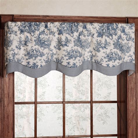 Sweet Pastimes Toile Layered Window Valance | Blue kitchen curtains ...