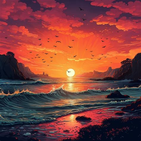 Premium AI Image | a painting of a sunset with a bird flying over the ...