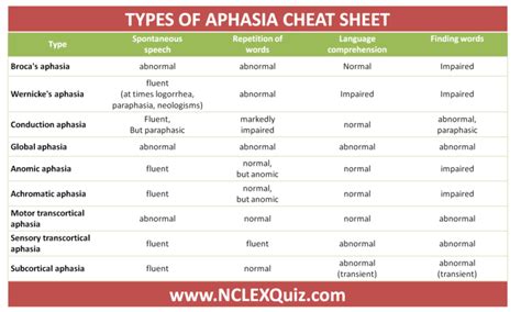 Clear Description of Aphasia Types Cheat Sheet | Aphasia therapy ...