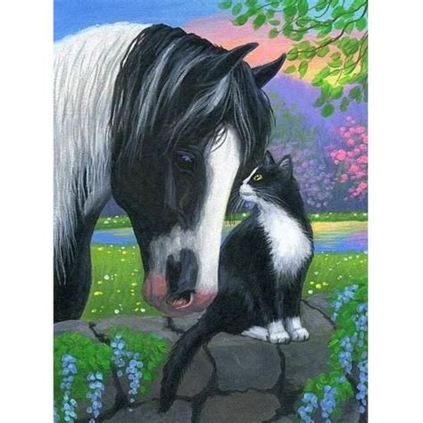 5D Diamond Painting Black and White Cat and Horse Paint with Diamonds Art Crystal Craft Decor ...