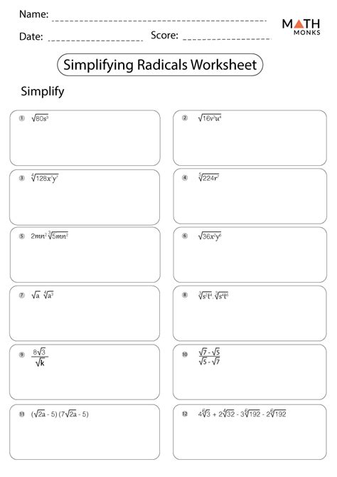 Simplifying Radicals Worksheets - Math Monks