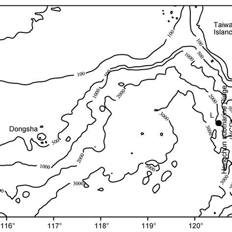 Map of the Luzon Strait with contoured bathymetry. Depth is in m. The ...