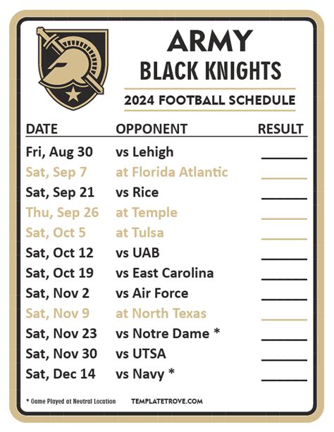 Printable 2024 Army Black Knights Football Schedule